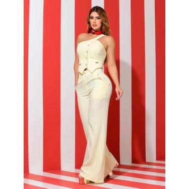 Imagem de Conjunto Calça Wide Leg e Cropped Empório PitBull 93561 Cor:Amarelo Be