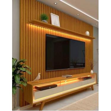 Imagem de Conjunto Painel Ripado TV Até 85 E Rack Pés Madeira Duque Cor:Madeira 