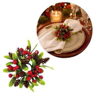 Imagem de Porta Guardanapo Decorado Natalino Argola com Folhagens Pinhas e Berries Mesa Posta Natal 10cm Decorativo