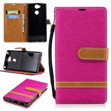 Imagem de Capa para celular com textura jeans combinando de cor para Sony Xperia XA2, com suporte e compartimentos para cartões, carteira e cordão (preto) mangas (cor: rosa vermelho)