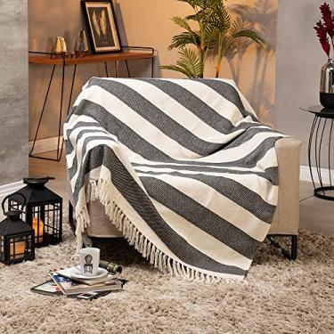 Imagem de Manta Para Sofá Boho Listrado Off White/Preto