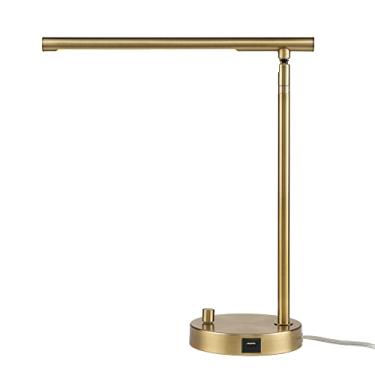 Imagem de Globe Electric 52267 Ross Lâmpada de mesa LED integrada de 40,64 cm, latão fosco, interruptor rotativo liga/desliga regulável na base, porta USB de 2,1 A