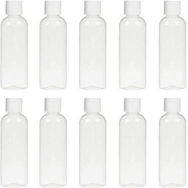 Imagem de 10 frascos de plástico transparente vazios para cosméticos com capacidade de 100 ml com tampa flip, frascos recarregáveis portáteis para viagem, conjunto de frascos de loção de apertar para casa, viagens aéreas, aeroportos, férias