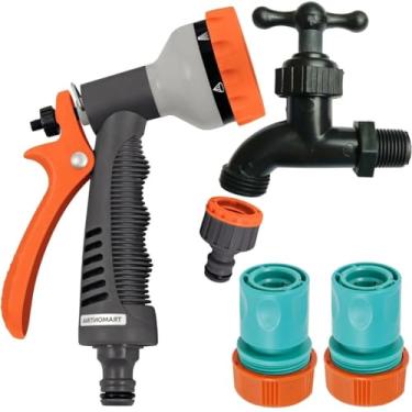 Imagem de Esguicho Hidropistola 6 Jatos Mangueira Jardim + Engate Rápido 3/4" e 5/8" + Bico Torneira Engate Rápido + Torneira 1/2"