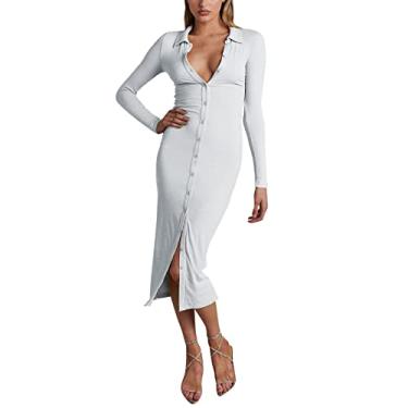 Imagem de Metaxas Vestido feminino de manga comprida com fecho de botão canelado quadril cor sólida vestido casual feminino vestidos longos verão, Branco, GG