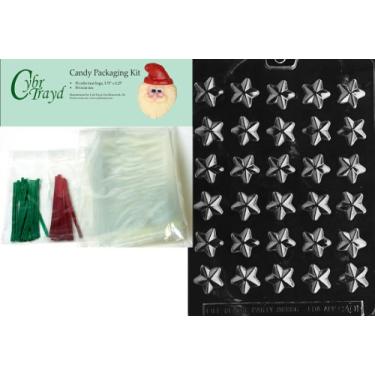 Imagem de Cybrtrayd Molde de chocolate de Natal com estrelas B/S com kit de embalagem de chocolate e instruções de moldagem, inclui 50 sacos de violoncelo, 25 laços vermelhos e 25 verdes