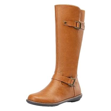 Imagem de Jeossy Botas de cano alto femininas 9655 botas de montaria rasas com fivela alta com zíper para mulheres, Botas de equitação-9655-camelo, 7.5