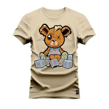 Imagem de Camiseta Plus Size Casual 100% Algodão Estampada Urso Marrom Boladinho Bege G4