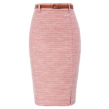 Imagem de Kate Kasin Saia lápis feminina tweed comprimento até o joelho dividida saias elegantes com cinto, Tweed vermelho, GG
