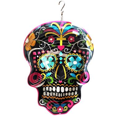 Imagem de FONMY Girador de vento de metal 3D Kinetic para jardim de metal, presentes exclusivos, decorações ao ar livre, ornamento de pendurar de qualidade para casa e jardim, mandala de 30,5 cm, crânio de açúcar preto