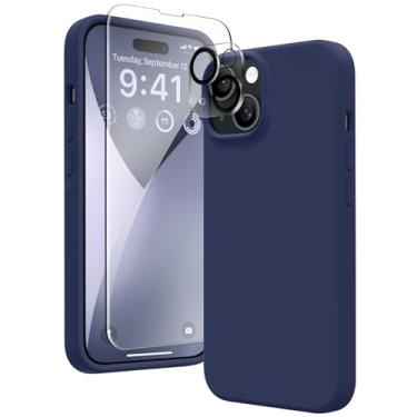 Imagem de GONEZ Capa compatível com iPhone 15, capa de silicone líquido com [3 protetores de tela + 3 projetores de lente de câmera], forro de microfibra macia antiarranhões, capa protetora para celular, azul meia-noite