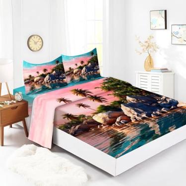Imagem de Bhoyctn Jogo de lençol casal com 4 peças Palm Tree Lake, multicolorido, lençol de cima estampado com bolso profundo de 40,6 cm, 100% microfibra, ultramacio e agradável à pele