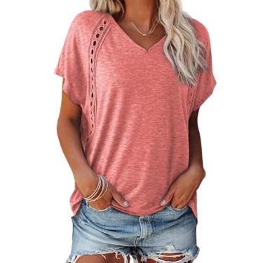 Imagem de EVALESS Camisetas femininas modernas de verão grandes, casuais, manga curta, gola V, renda, patchwork, 2024, camisetas básicas, D rosa, P