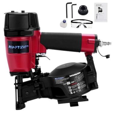 Imagem de BHTOP Pregador de telhado CN45N, pistola de pregos para telhados de 15 graus, pregos de bobina de 3/4 polegadas a 1-3/4 polegadas, prego de bobina de capacidade de carga de 120 peças em vermelho