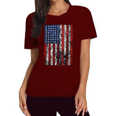 Imagem de Blusa feminina 4 de julho Dia da Independência camiseta estampada bandeira dos EUA Túnica Patriótica Star Stripes Camisa, Vinho, G