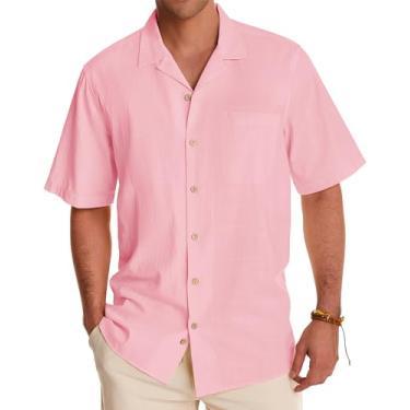 Imagem de Alimens & Gentle Camisas masculinas de linho camisas de manga curta com botões casuais verão praia tops algodão camisas havaianas, rosa, 3G