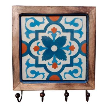 Imagem de Cabideiro Em Madeira Com Ladrilho Hidráulico Porta Chaves Roupas Bolsas Ladrilho A2