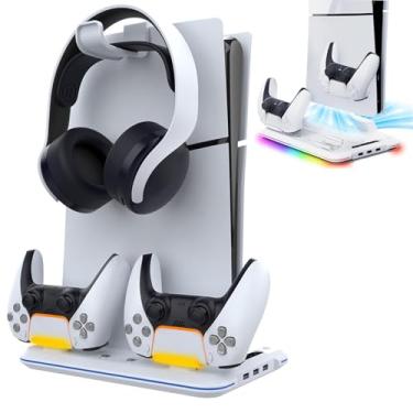 Imagem de Suporte de estação de resfriamento para PS5 Slim com estação de carregamento de controlador duplo, ventilador de resfriamento de 3 velocidades, suporte para fone de ouvido, RGB e 3 portas USB (Branco)