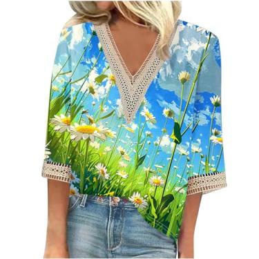 Imagem de Generic Camisetas femininas de tamanho grande com patchwork de renda manga 3/4 de comprimento e gola V estampa floral pulôver, 13 cores, 3G