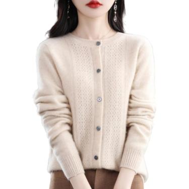 Imagem de Suéteres cardigã primavera e outono vazados de lã cardigã feminino com gola redonda suéter de caxemira tricotado sem costura camisa de fundo torre externa, azul marinho, L