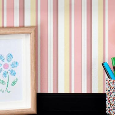 Imagem de Papel de Parede Adesivo Vinílico Lavável Listrado Tons Rosa e Amarelo 