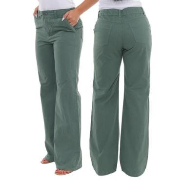 Imagem de Calça Wide Leg Feminina Sarja Cintura Alta Pernas Largas - Macaw, Verd