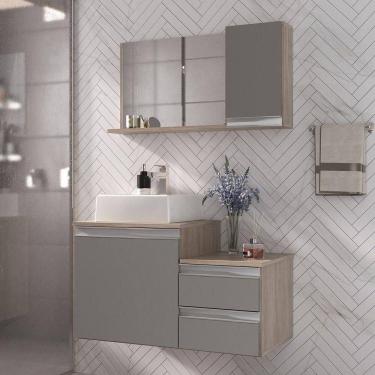 Imagem de Conjunto Gabinete Banheiro Cross 80 (gabinete+espelheira+cuba) Madeirado Cinza