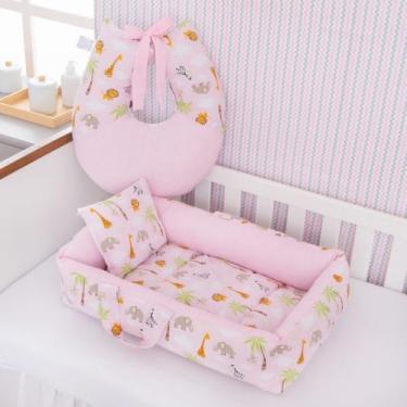 Imagem de Kit Ninho e Almofada Amamentação Berço Bebê Luxo - Criativa, Safari Ro