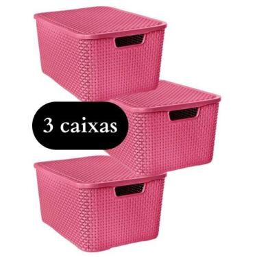 Imagem de Kit Com 3 Caixas Organizadoras Cesto Rattan Baby Rosa 7 Litros C/ Tamp