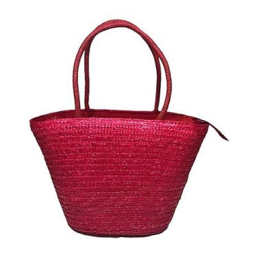 Imagem de Bolsa Feminina de Palha Rosa Praia Viajar Moda Sacola Bag Rattan Vime 