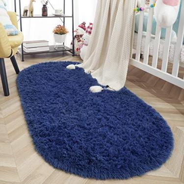 Imagem de ISEAU Tapete oval fofo, tapete felpudo moderno de pelúcia para quarto de crianças, extra confortável, fofo, tapete de cabeceira para quarto de meninos e meninas, decoração de casa, 8 x 1,6 m, azul