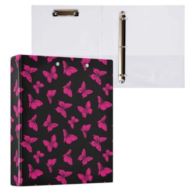 Imagem de Fichário fofo rosa choque borboleta selvagem com 3 anéis decorativos de 3,8 cm com prancheta e 3 bolsos transparentes, comporta 200 folhas de papel tamanho A4 fichários à prova d'água para escola,