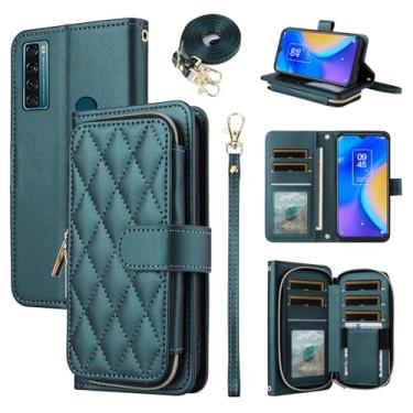 Imagem de Furiet Argyle Capa carteira para TCL 20 SE 6.82 com alça de pulso, 9+ compartimento para cartão com zíper bolsa luxuosa de couro PU para celular TCL20SE Android 11 TLC 20SE T6710 6,8 polegadas verde