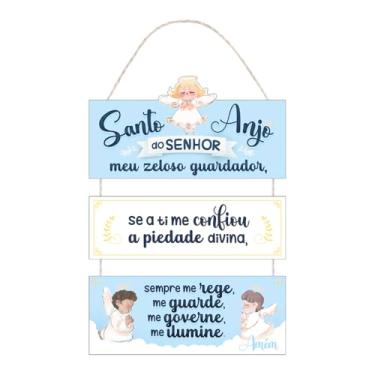 Imagem de Placa Decorativa com Corda Oração Santo Anjo para Porta Quarto Infantil (Azul)