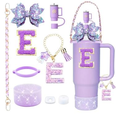 Imagem de 9 peças de acessórios de copo Stanley Bling para copo de 850 g e copo de 1134 g com alça, incluindo pingente de iniciais, alça de couro, decoração de arco de palha, topo de palha, bota, tampa à prova