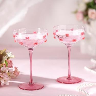 Imagem de Singhoow Pacote com 2 taças de vinho laço cupê rosa taças de coquetel 227 g recipiente decorativo delicado e elegante para casamentos, aniversários, cristais de alta qualidade
