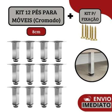 Imagem de Kit 12 Pé Para Móveis Armários Regulável Quadrado Cromado 8cm - HD Fer