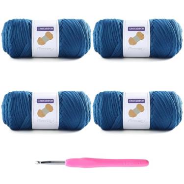 Imagem de Pacote com 4 fios de camisetas para crochê, camisetas elásticas, fios de tricô espaguete, comprimento total, 260 metros para cestas de saco de crochê, decoração de casa com 1 agulha de crochê (4-azul