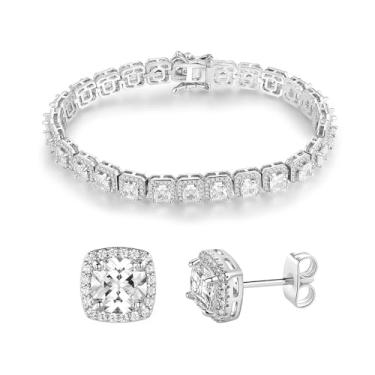 Imagem de Gemsme Conjunto de colar de tênis de zircônia cúbica banhado a ouro branco 18K / pulseira/brincos para mulheres e homens pacote de joias halo quadrado, Banhado a ouro branco, Zircônia cúbica