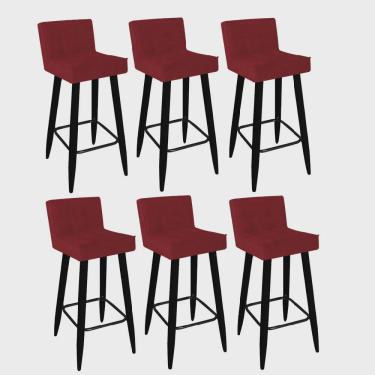 Imagem de Kit 06 Banqueta Alta Lucy Com Encosto Cozinha Bar Balcão Bistrô Pé Palito Preto Suede Vermelho - Ahz Móveis