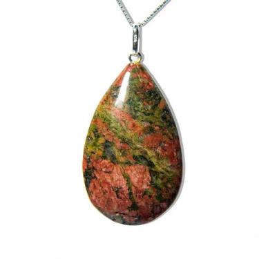 Imagem de Colar Gota Pedra Unakita Natural Prata 950 Pino e Perinha - Cristaisde