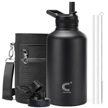 Imagem de Garrafa de água de 1,8 litro isolada, garrafa de água de aço inoxidável Coolplus de 1,8 l com canudo de metal de parede dupla a vácuo frasco grande com manga de transporte à prova de vazamento,