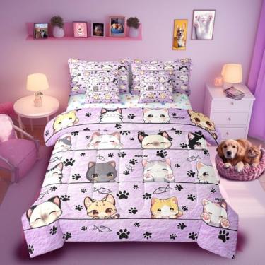 Imagem de Manfei Conjunto de cama solteiro de desenho animado de gato em uma bolsa, 7 peças, conjunto de edredom para todas as estações, animais fofos com 1 edredom, 2 lençóis, 2 fronhas e 2 fronhas