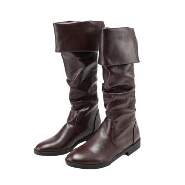 Imagem de Botas masculinas Renaissance Medieval Pirate Boots Western Knight Flat Jazz Pull On Mid Calf Gothic Cosplay Shoes, Marrom, 39