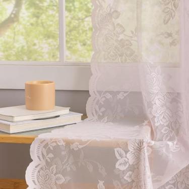 Imagem de Cortinas de renda rosa 137 cm de comprimento 2 painéis para cozinha vintage cortinas florais transparentes para sala de estar, quarto, banheiro, janela, voile, painéis transparentes para bebês meninas
