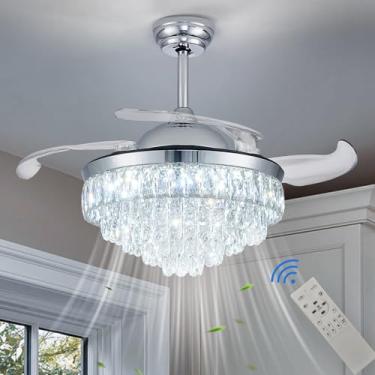 Imagem de CLAIRDAI Ventiladores de teto modernos de cristal de 106 cm com luzes, lustre invisível, ventilador de teto silencioso com função de memória de temporizador, lustre regulável para quarto, sala de