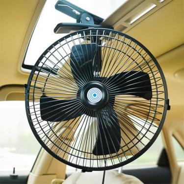 Imagem de Hirritale Ventilador de clipe de 12 V para acampamento de carro RV, fluxo de ar oscilante silencioso de 25 cm com metal durável, ventilador de mesa portátil para caminhão barraca escritório (preto)