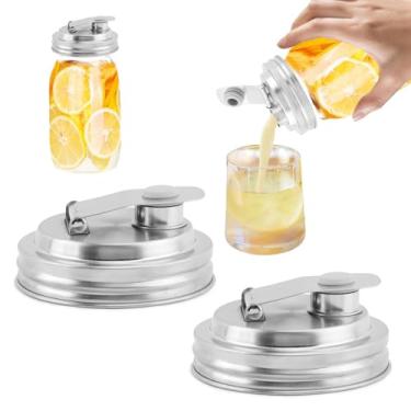 Imagem de Tampa de bico de aço inoxidável, 2 pacotes de tampas de frascos de vidro de boca larga, tampa de boca larga com bola antideslizante, tampas de conserva para beber, molho de salada (2 peças)