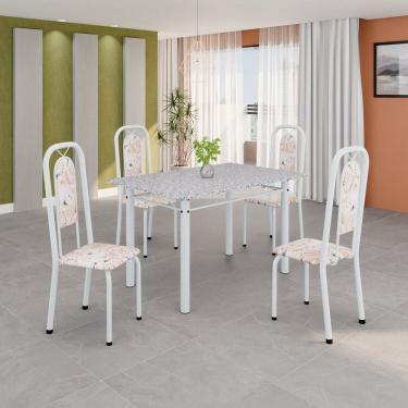 Imagem de Conjunto de Mesa Tubular 120cm X 75cm Tampo Granito Ocre com 4 Cadeiras Lara Botanic Bege/ Branco