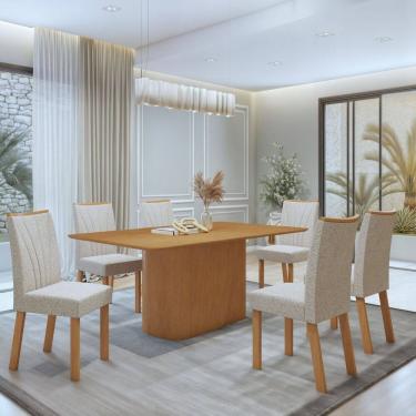Imagem de Conjunto Sala de Jantar Luar 170Cm Tampo No Glass com 6 Cadeiras Apogeu Amêndoa Clean/Boucle Bege